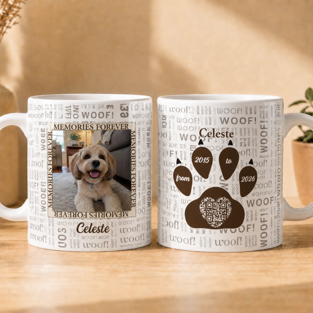 Pet Mugs - Dog Pet Memorial in Brown Hues Personalized QR Mug Custom Name & Photo
