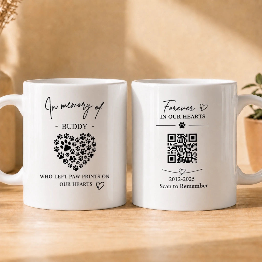 Pet Memorial Mug - Paw Prints On Our Hearts Personalized QR Mug - Custom Name