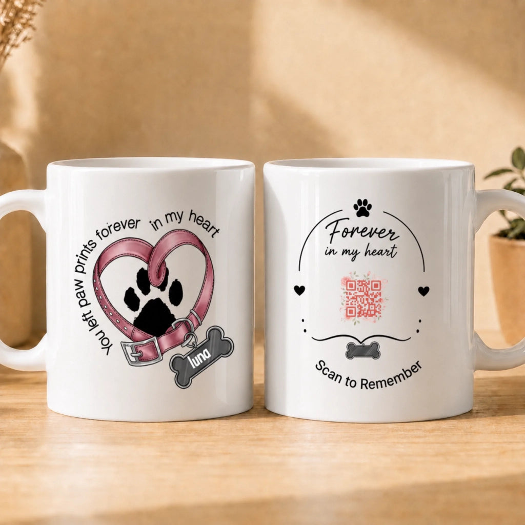 Pet Memorial Mug - You Left Paw Prints In My Heart Personalized QR Mug - Custom Name & Date