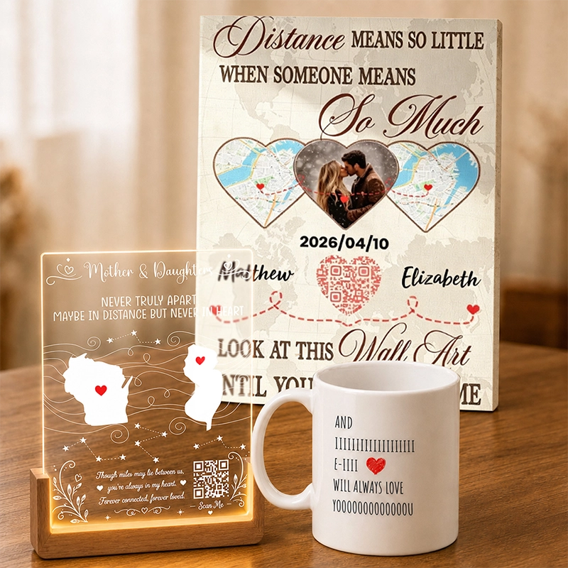Personalized mug, canvas wall art, and acrylic LED plaque displayed together