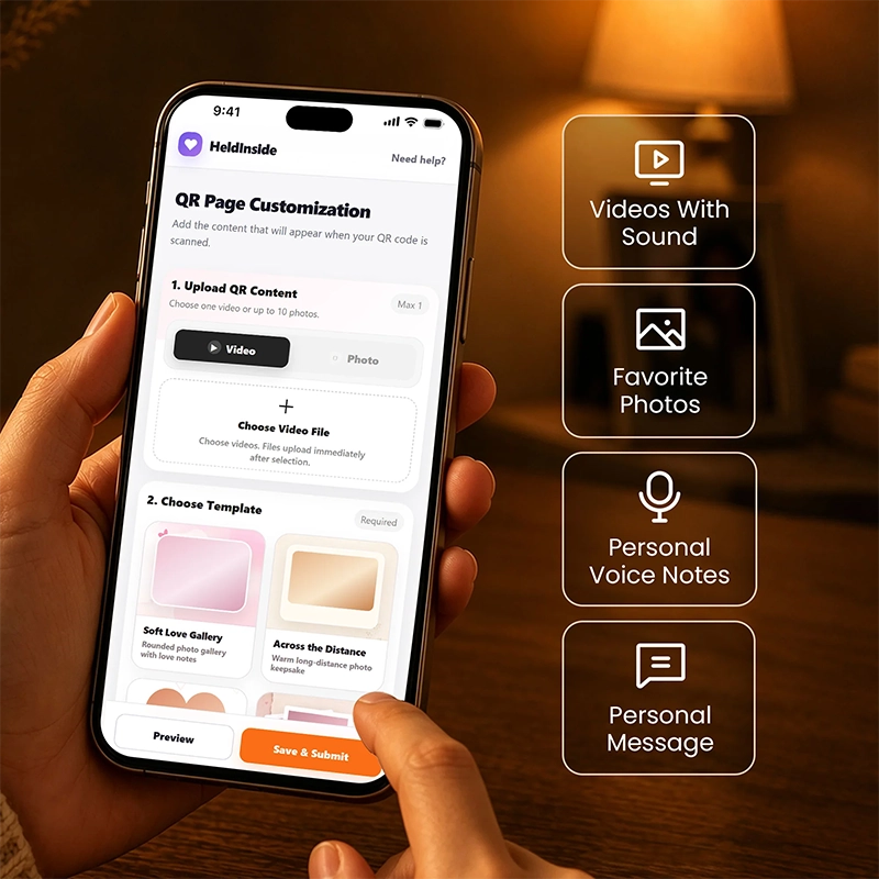 QR customization page for uploading video, photos, and choosing a template